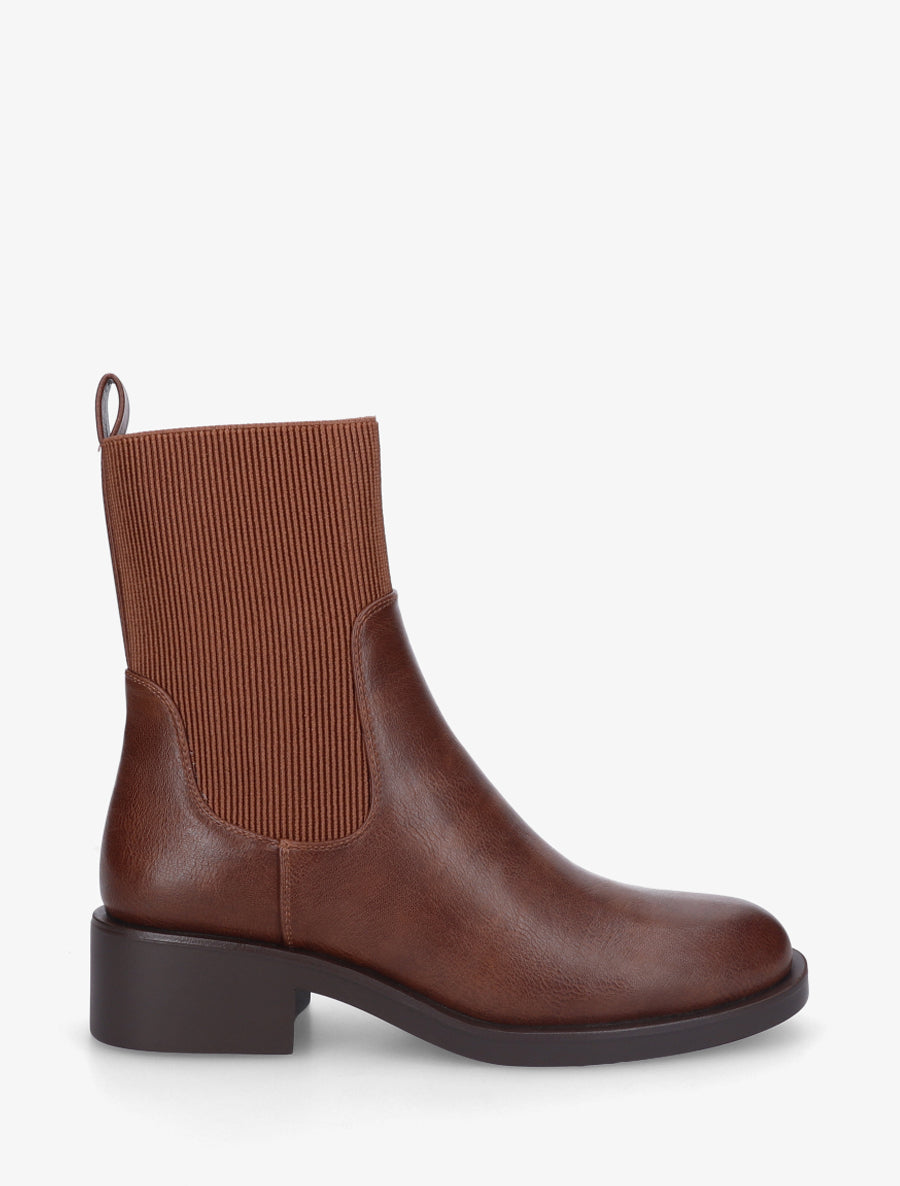Bottines en simili et tissu côtelé - Camel - 1