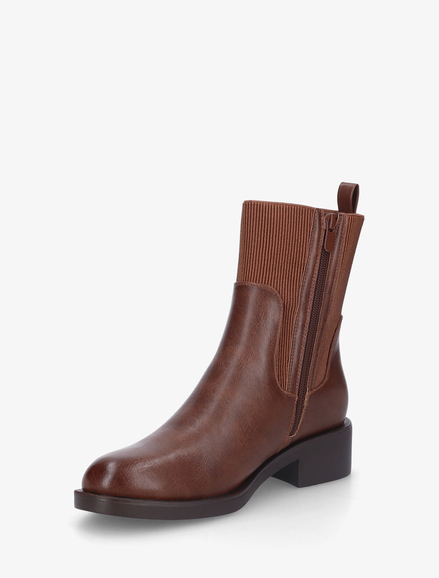 Bottines en simili et tissu côtelé - Camel - 3