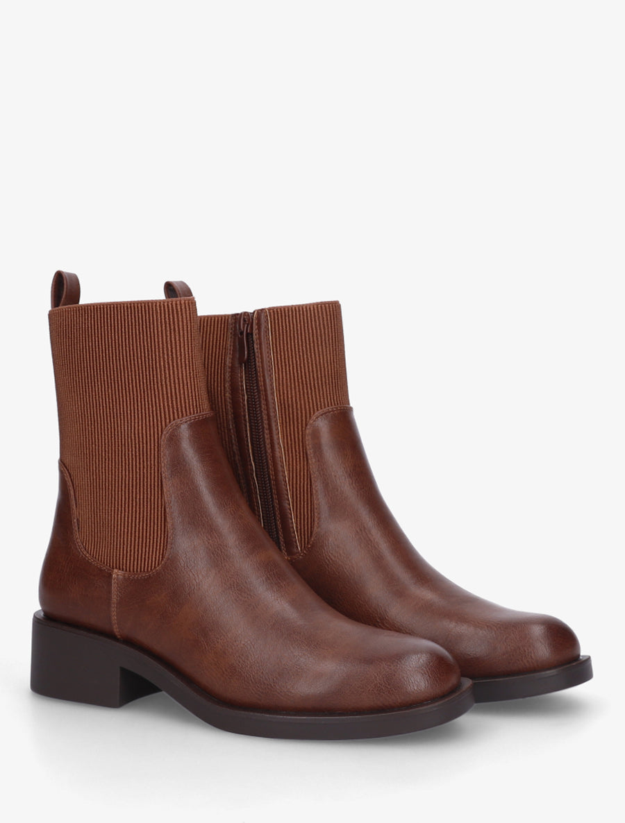 Bottines en simili et tissu côtelé - Camel - 4