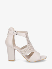 Sandales à talon et bride ajourée en simili - Beige - 5