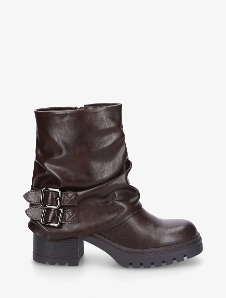 Bottines montantes à revers et boucles - Marron - 1