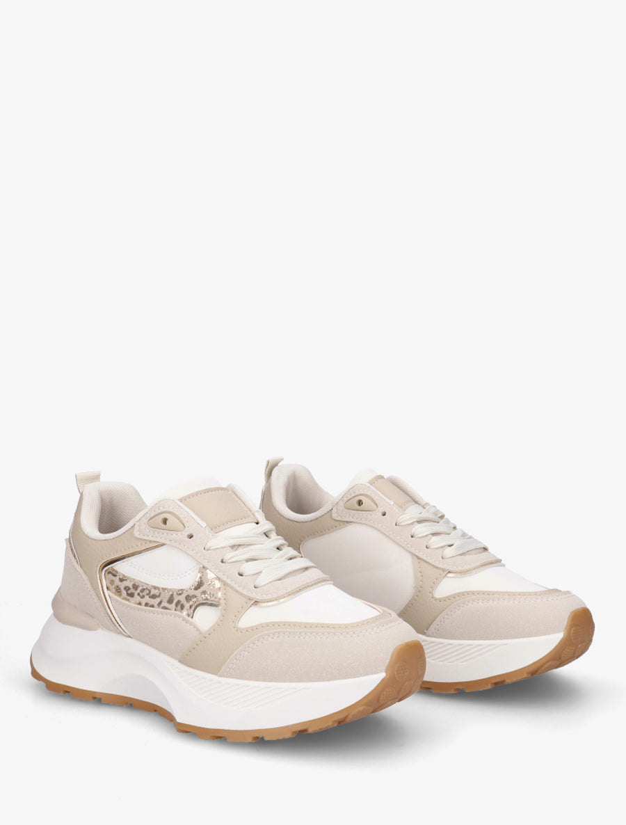 Baskets bimatière à détail léopard - Beige - 4