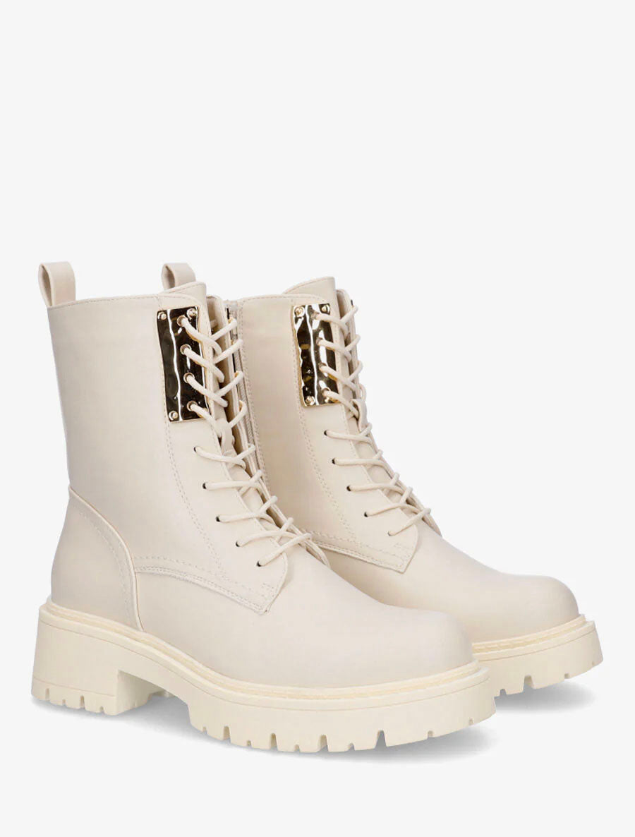 Bottines montantes à lacets et emiècement métal - Beige - 4