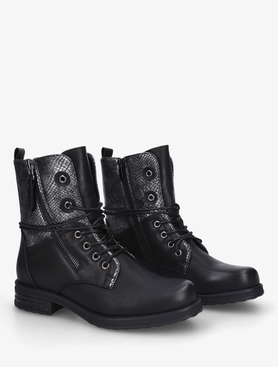 Bottines à lacets et détail imprimé croco - Noir - 4