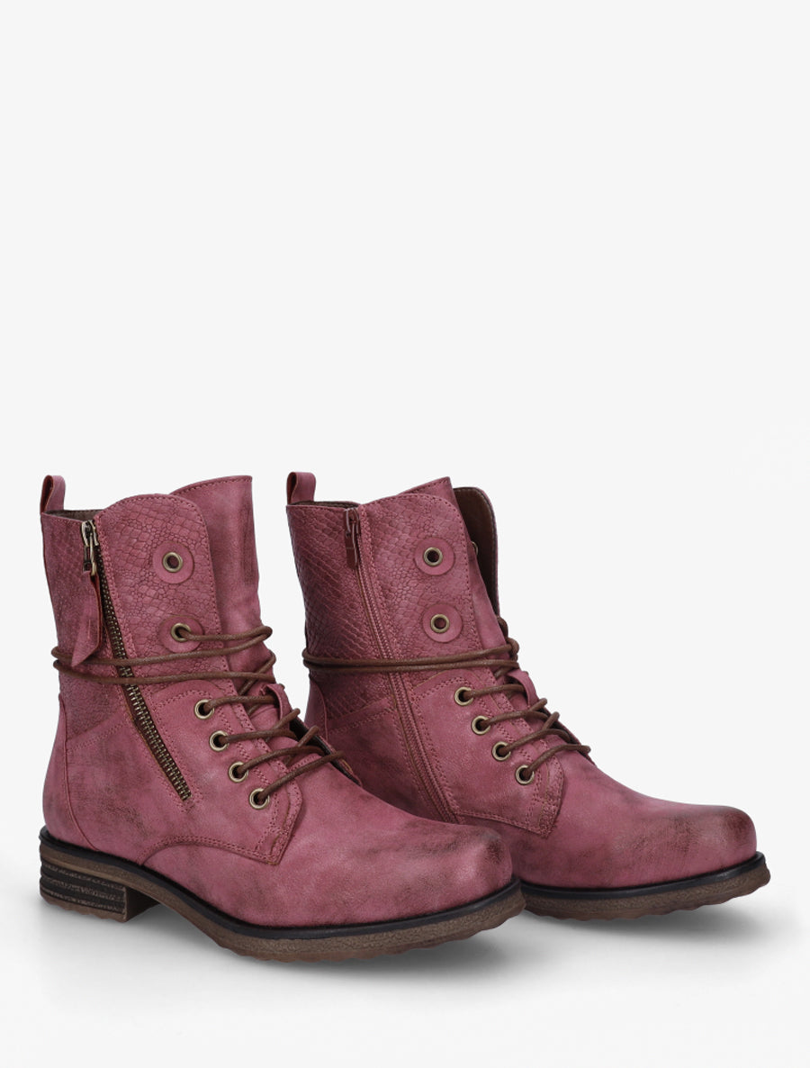 Bottines à lacets et détail imprimé croco - Magenta - 4