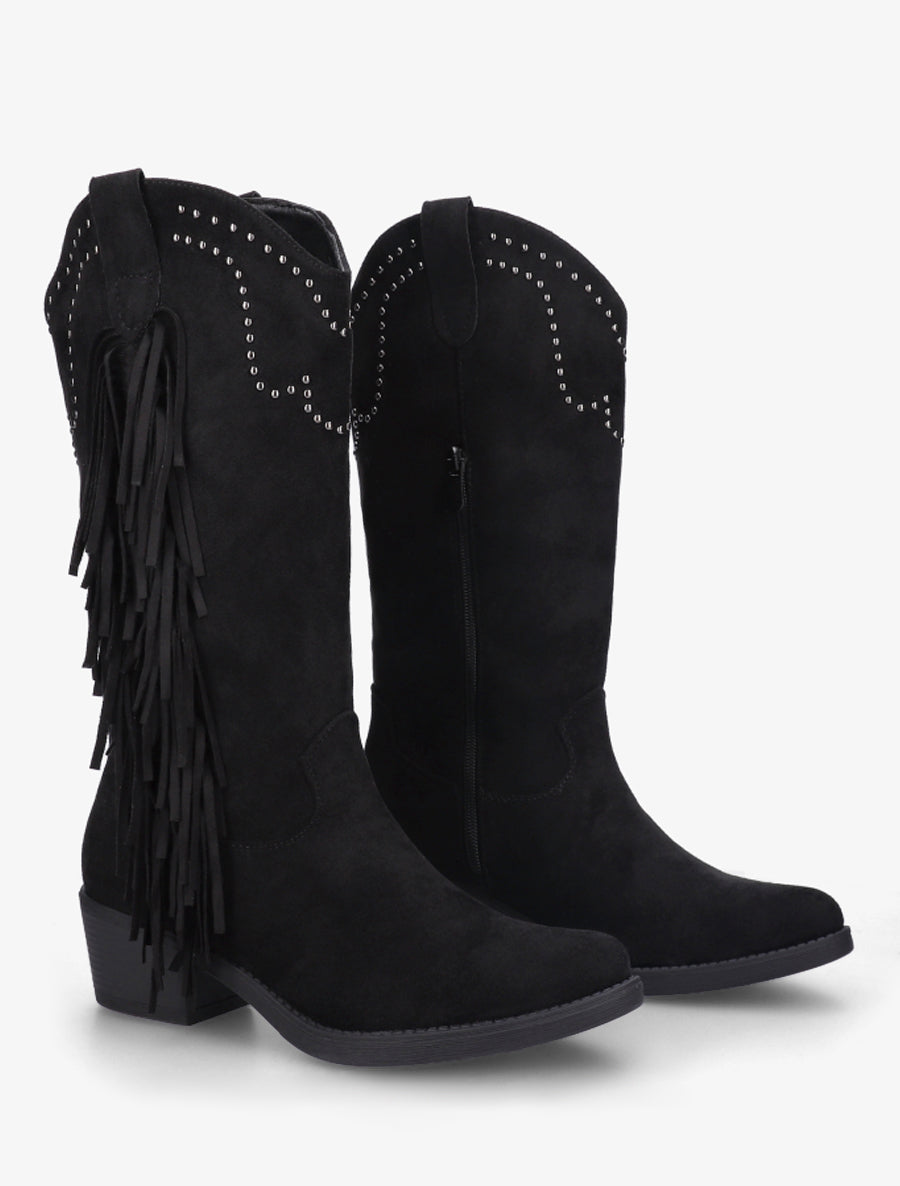 Bottines montantes cloutées et à franges - Noir - 4
