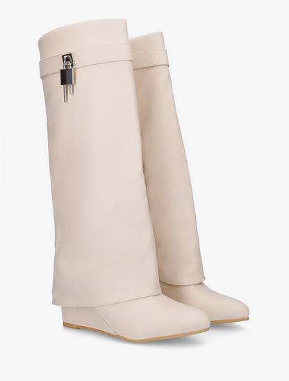 Bottes à talon compensé et revers - Beige - 4