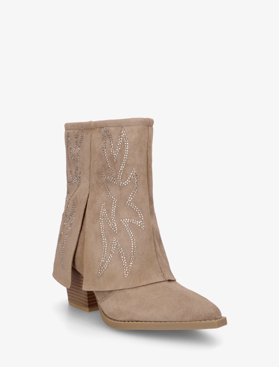 Bottines style santiags à strass - Taupe - 2
