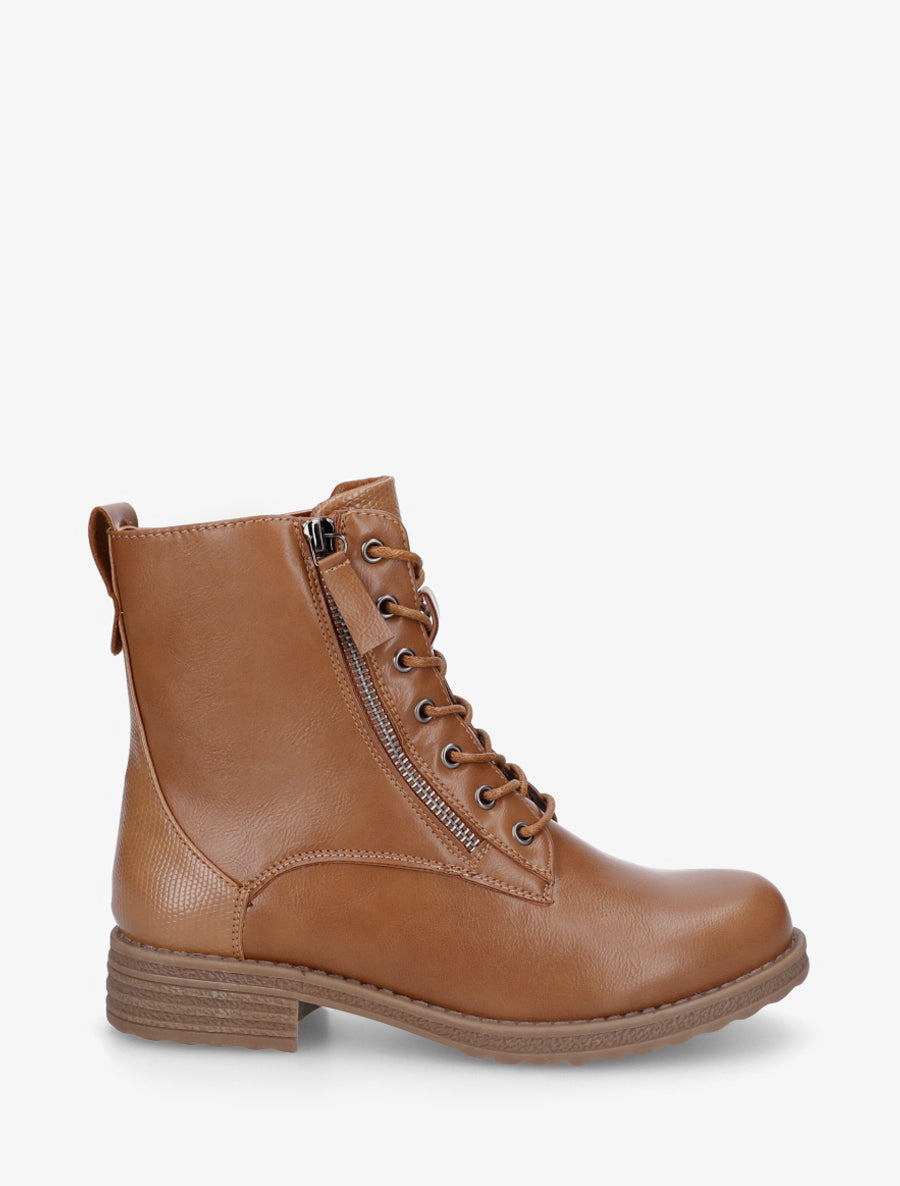 Bottines en simili à lacets et zip décoratif - Camel - 1