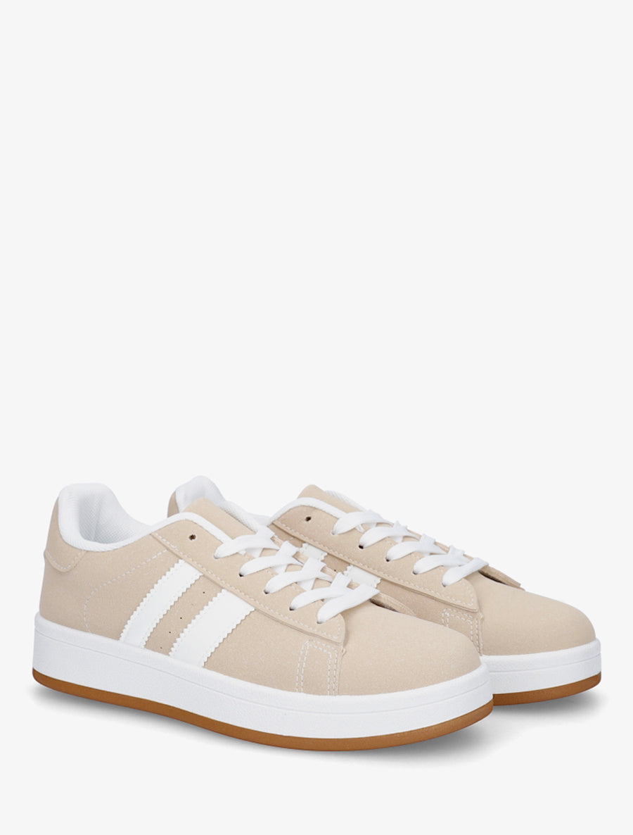 Sneakers effet nubuck à bandes contrastantes - Beige - 4