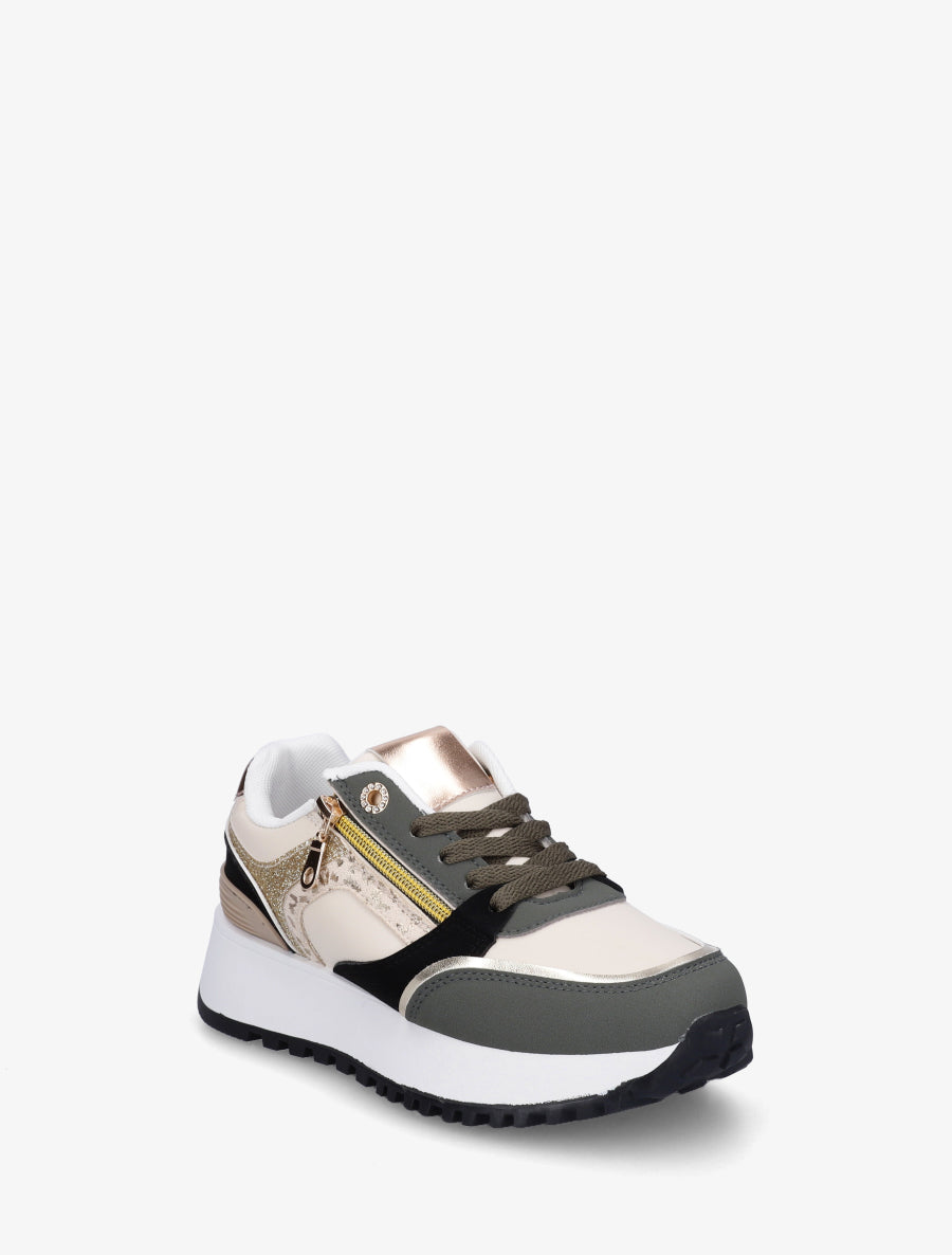 Sneakers à zip décoratif et bandes dépareillés - Kaki - 2