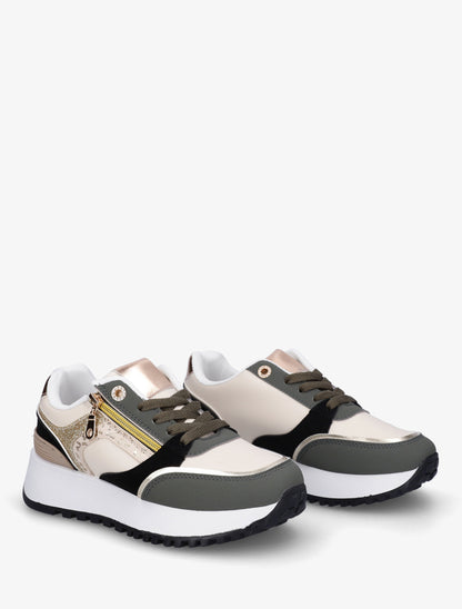 Sneakers à zip décoratif et bandes dépareillés - Kaki - 4