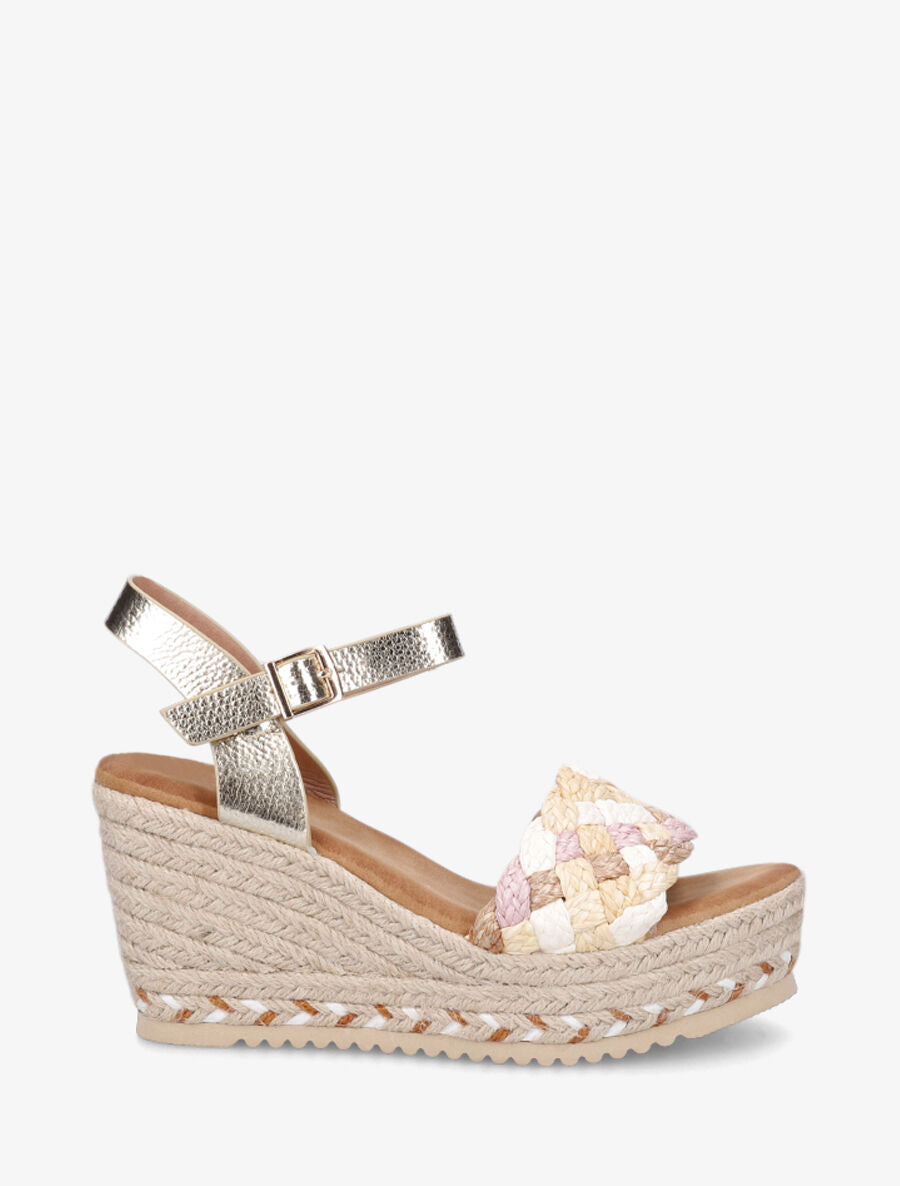 Sandales compensées à semelle raphia et brides tressées - Rose - 5