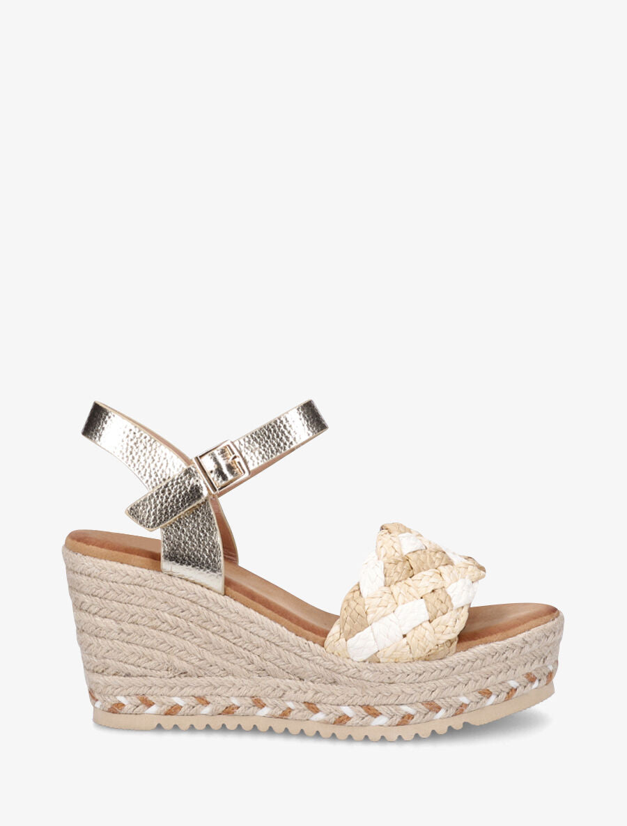 Sandales compensées à semelle raphia et brides tressées - Beige - 1