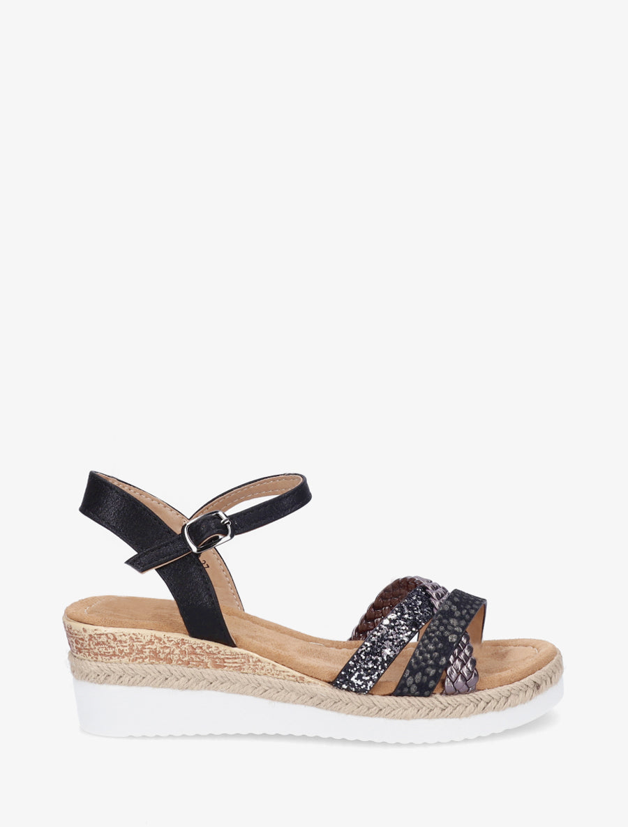 Sandales compensées à brides fantaisies pailletées - Noir - 1