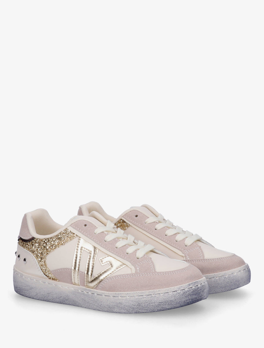 Sneakers à bande pailletée et contrefort clouté - Beige - 4