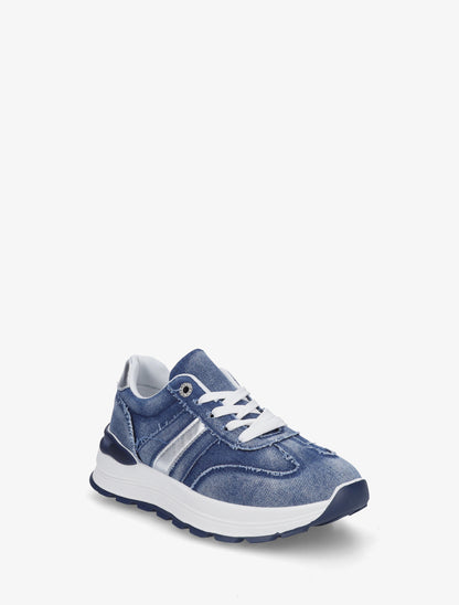 Sneakers en jean à bande et contrefort contrastant - Bleu denim - 2