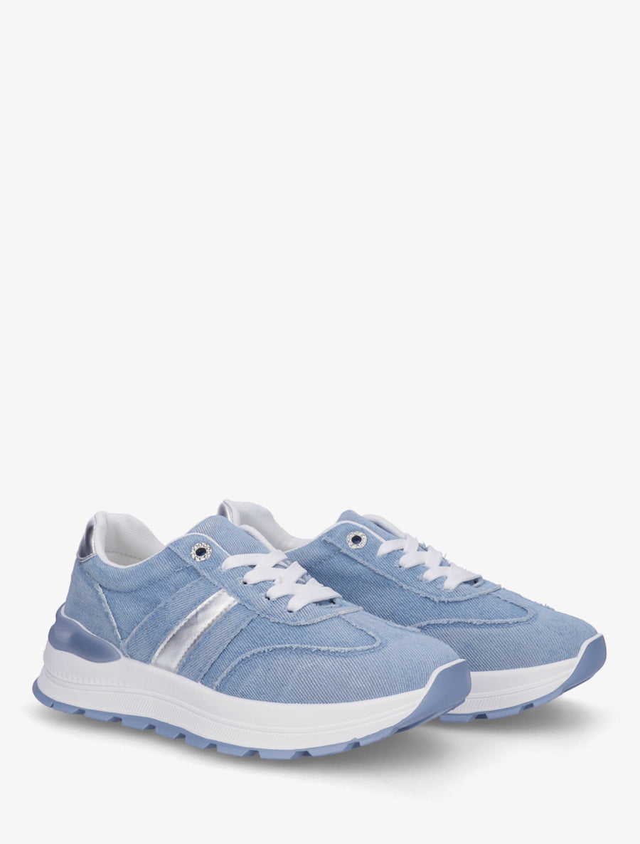 Sneakers en jean à bande et contrefort contrastant - Bleu ciel - 4
