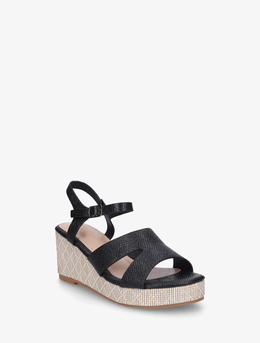 Sandales effet python à talon compensé - Noir - 2