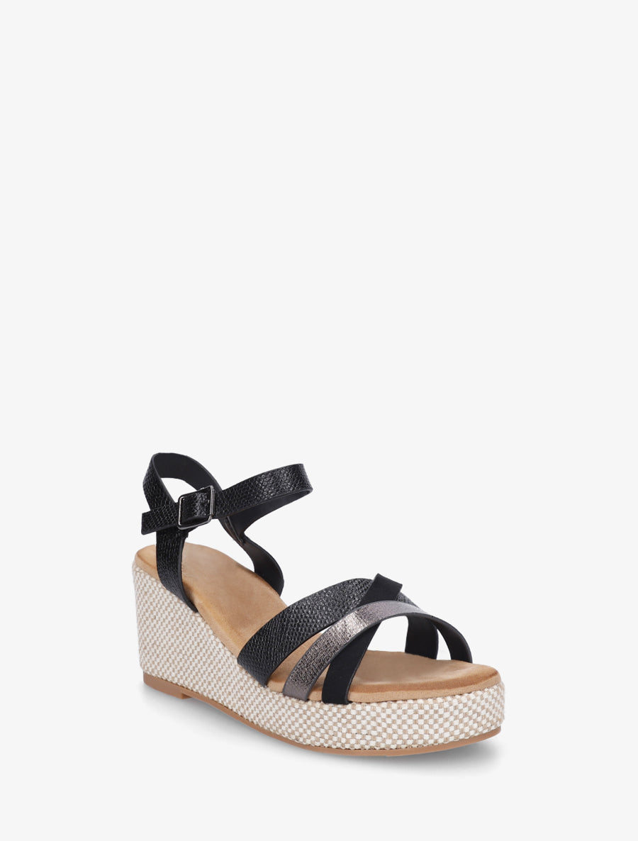 Sandales compensées effet python irisé - Noir - 2