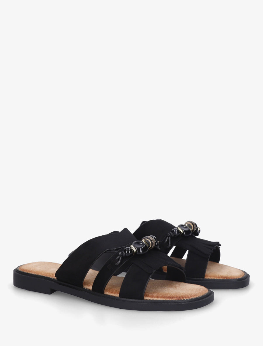 Mules en suédine à franges et perles - Noir - 4