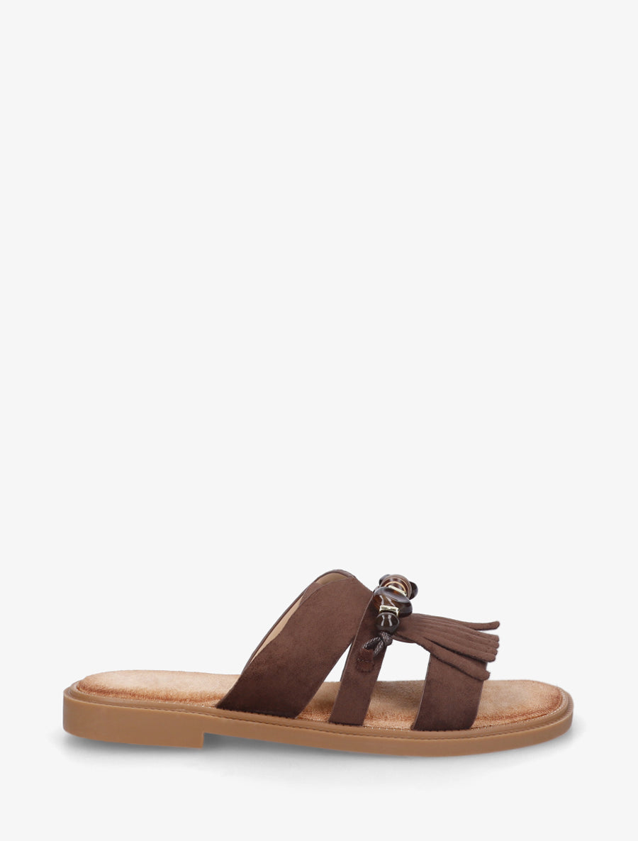 Mules en suédine à franges et perles - Marron - 1
