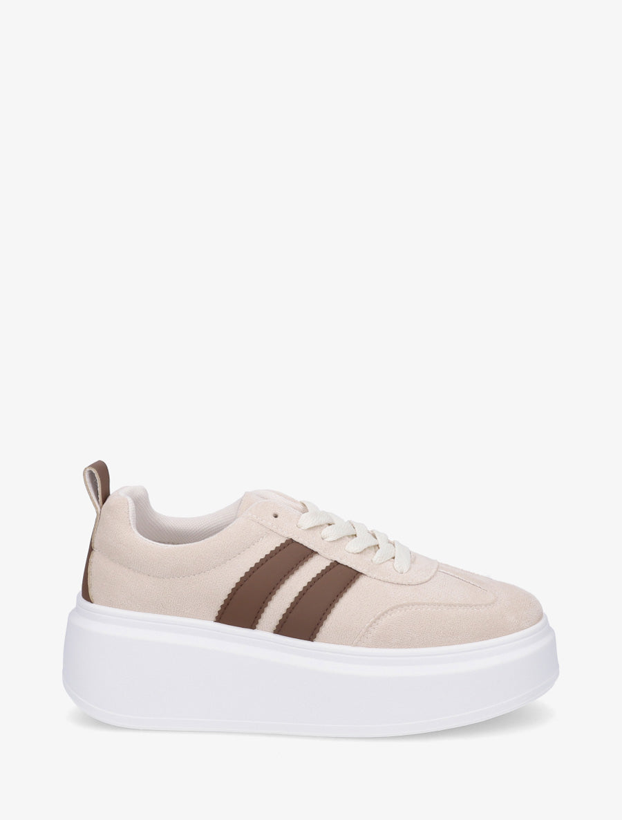 Baskets effet nubuck à bandes - Beige - 1