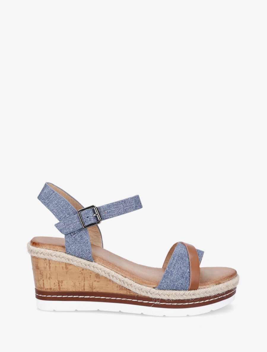 Sandales compensées à semelle effet bois - Bleu - 5