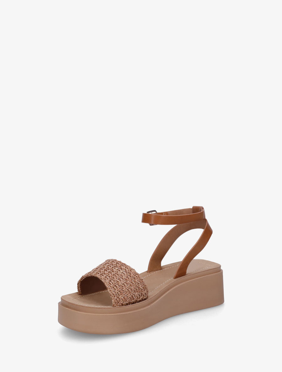 Sandales semi-compensées en raphia tressé - Camel - 3