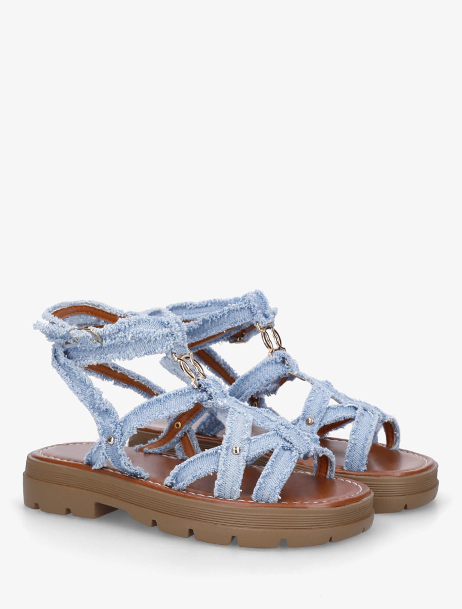 Sandales plates en tissu à brides croisées - Bleu denim - 4