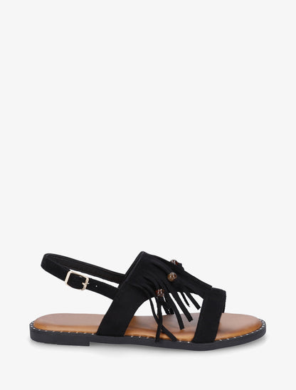 Nu-pieds en suédine à franges et perles - Noir - 1