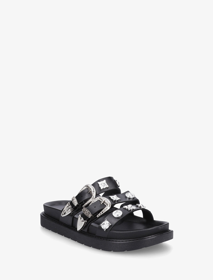 Claquettes en simili à clous fantaisies - Noir - 2