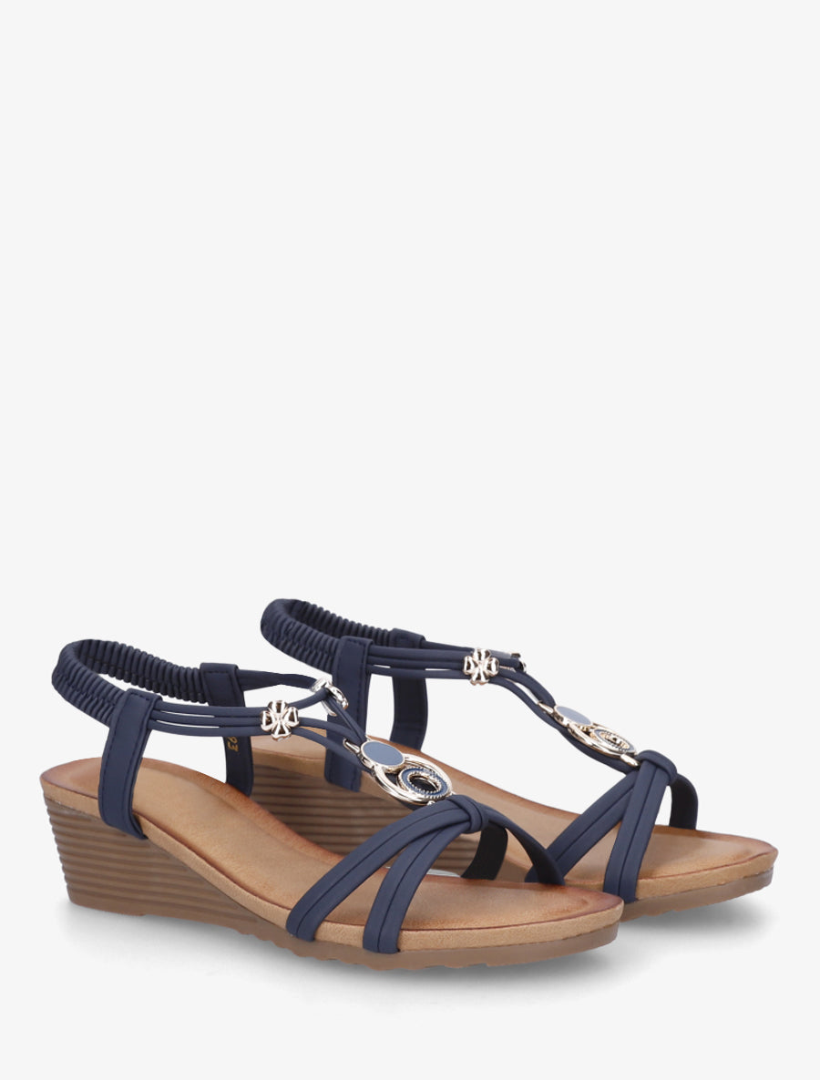 Sandales compensées à bijoux métalliques - Marine - 4