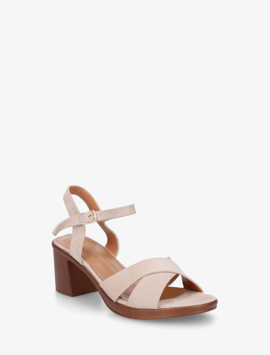 Sandales croisées en suédine à talon carré - Beige - 2