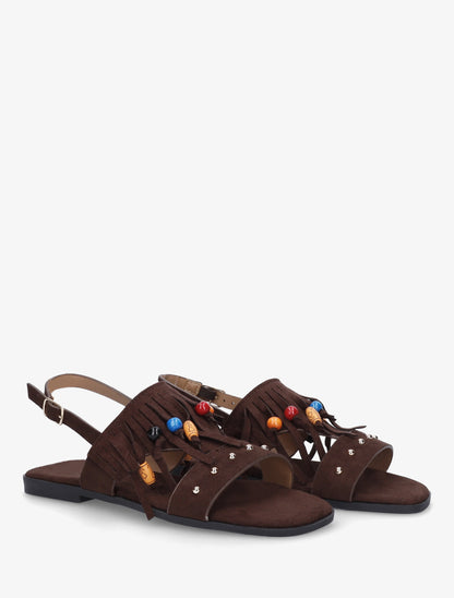 Sandales en suédine à franges et perles de bois - Marron - 4