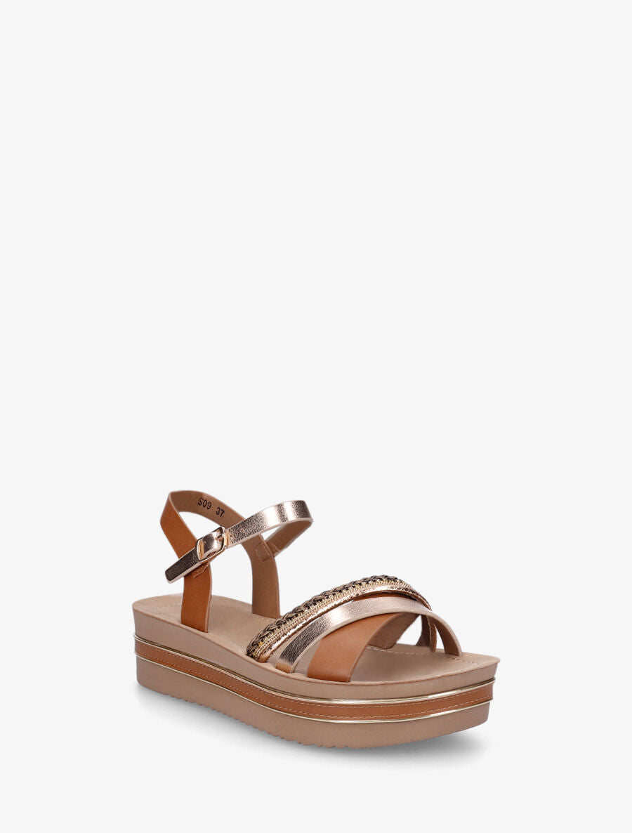Sandales à plateforme et brides ornées de strass - Camel - 2