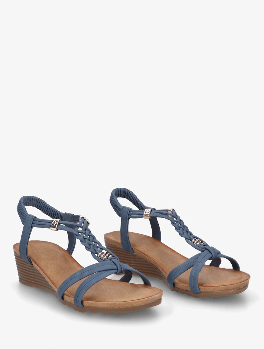 Sandales compensées en suédine à bride tressée - Bleu - 4