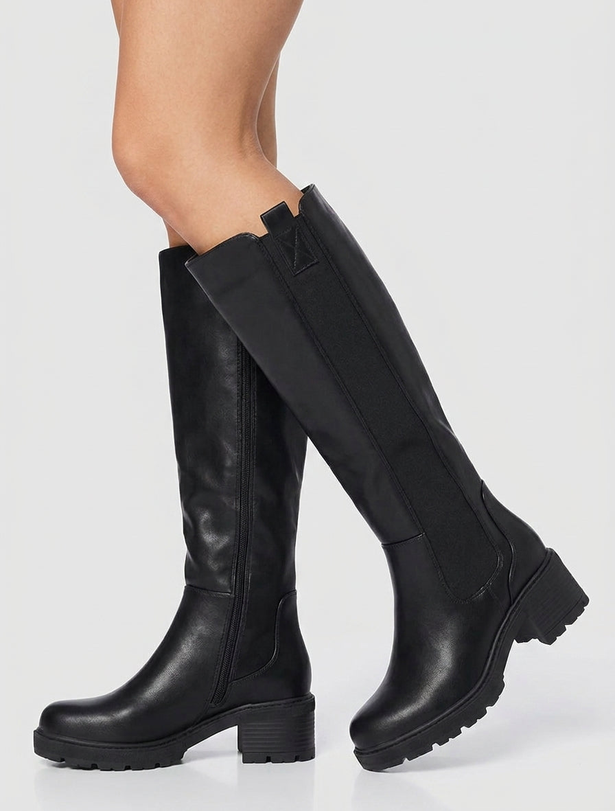 Elastische Stiefel aus Kunstleder mit runder Spitze - Schwarz