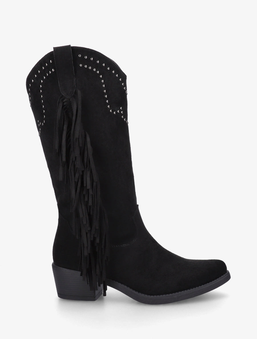 Bottines montantes en suédine à franges et clous - Noir - 1