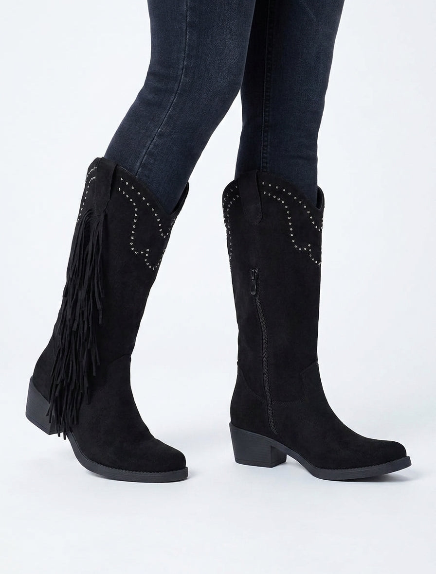 Stiefeletten aus Wildlederimitat mit Fransen und Nieten - Schwarz