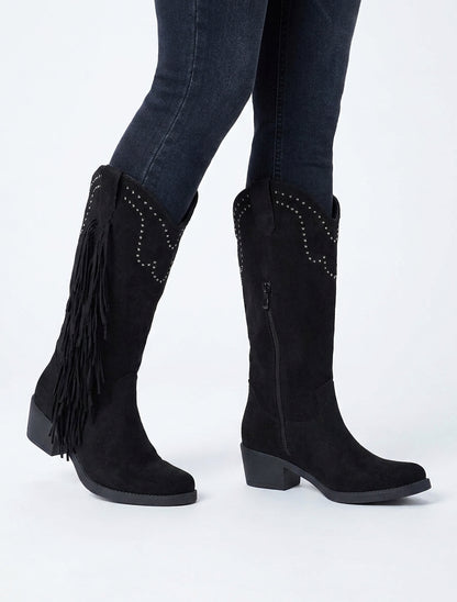 Stiefeletten aus Wildlederimitat mit Fransen und Nieten - Schwarz