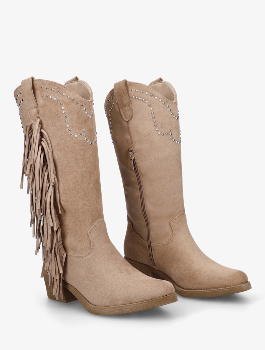Bottines montantes en suédine à franges et clous - Taupe - 4