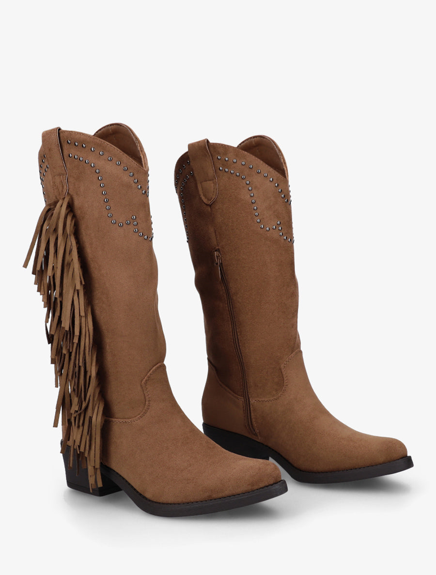 Bottines montantes en suédine à franges et clous - Camel - 4