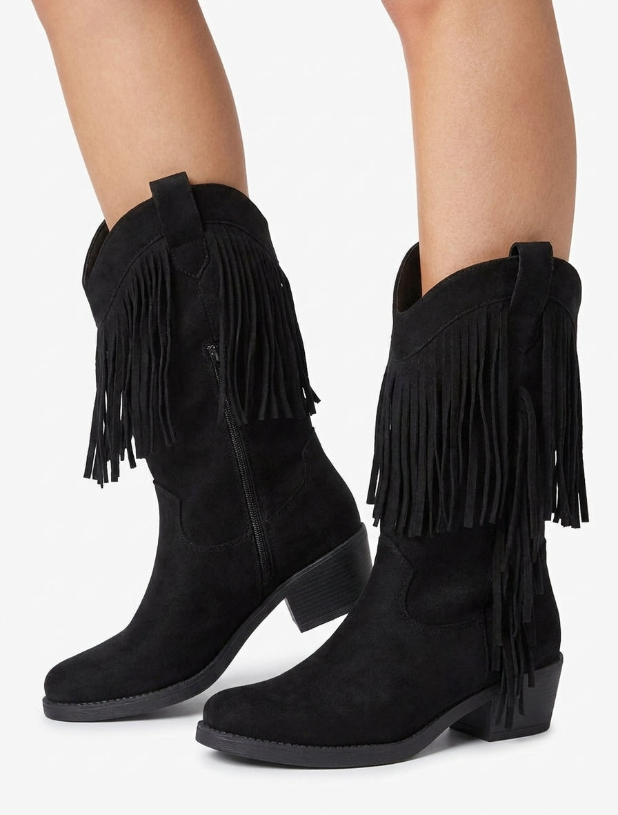 Cowboystiefel mit Fransen - Schwarz