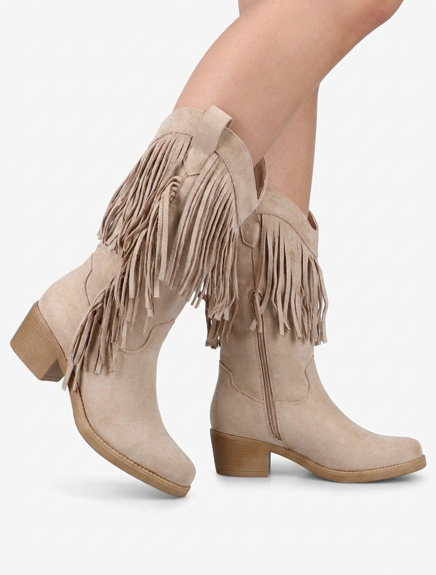 Cowboystiefel mit Fransen - Beige