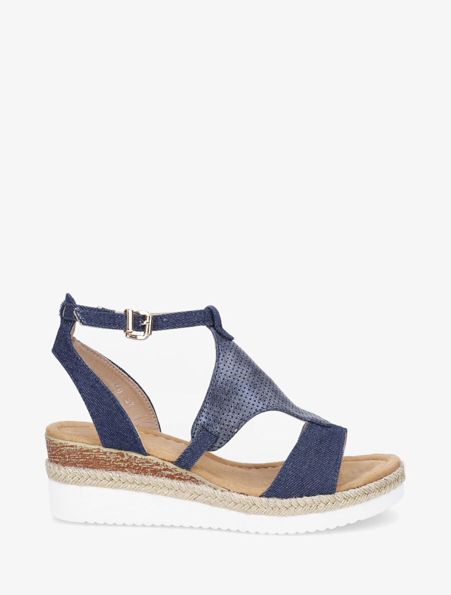 Sandales compensées bride losange irisé - Bleu denim - 1