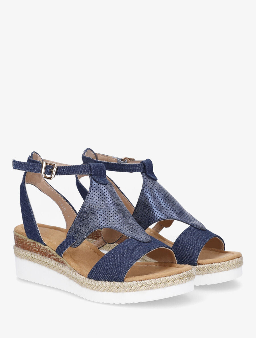 Sandales compensées bride losange irisé - Bleu denim - 4