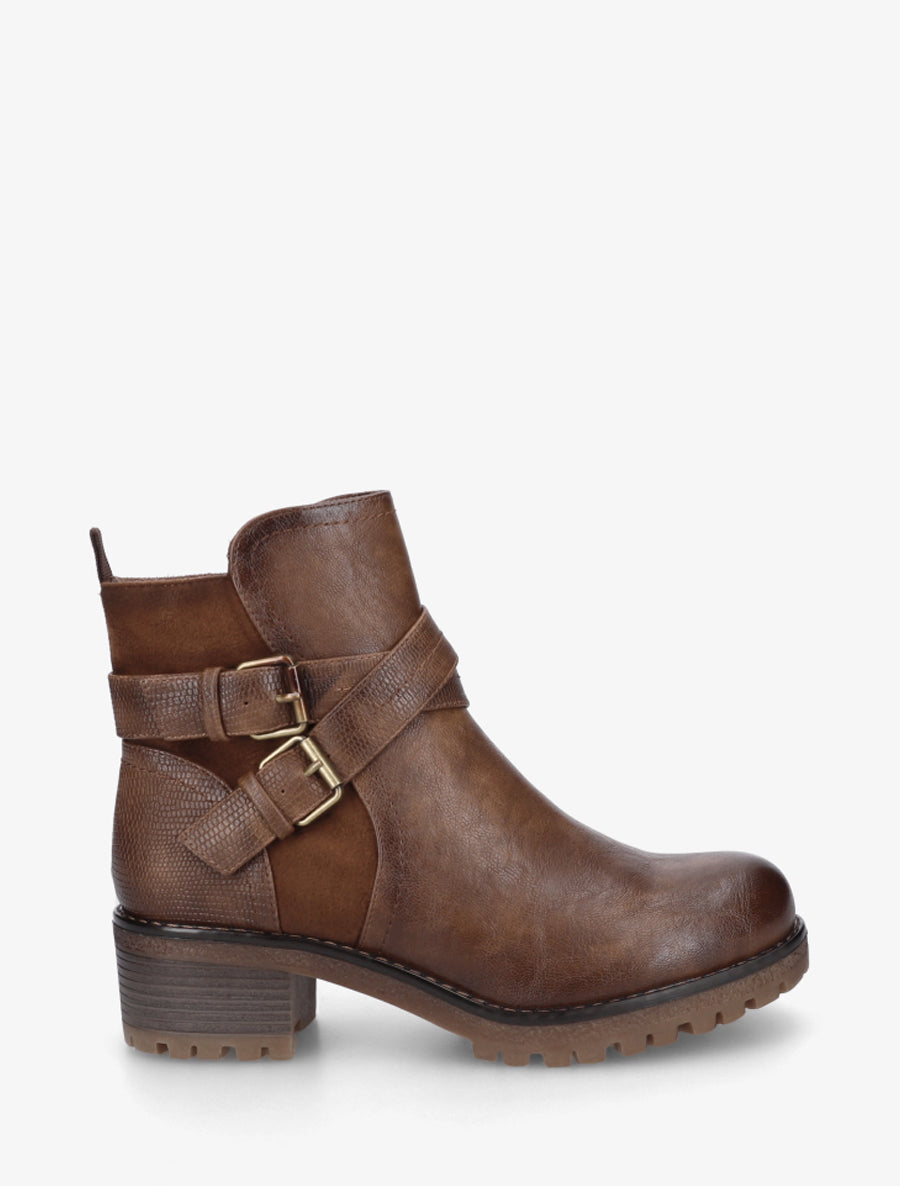 Bottines fourrées bi-matière à 2 boucles - Camel - 1
