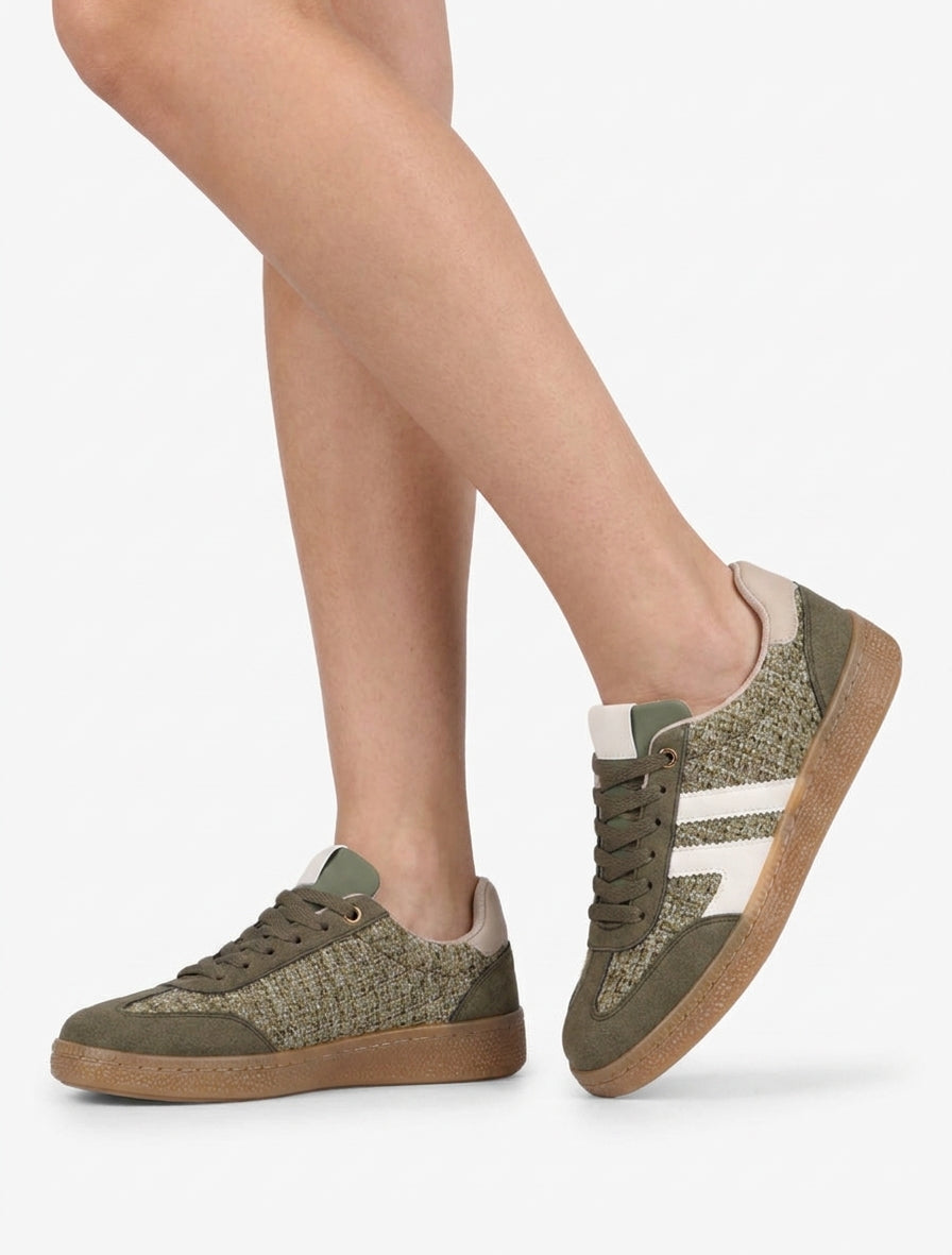 Tweed- und Wildleder-Sneaker - Kaki