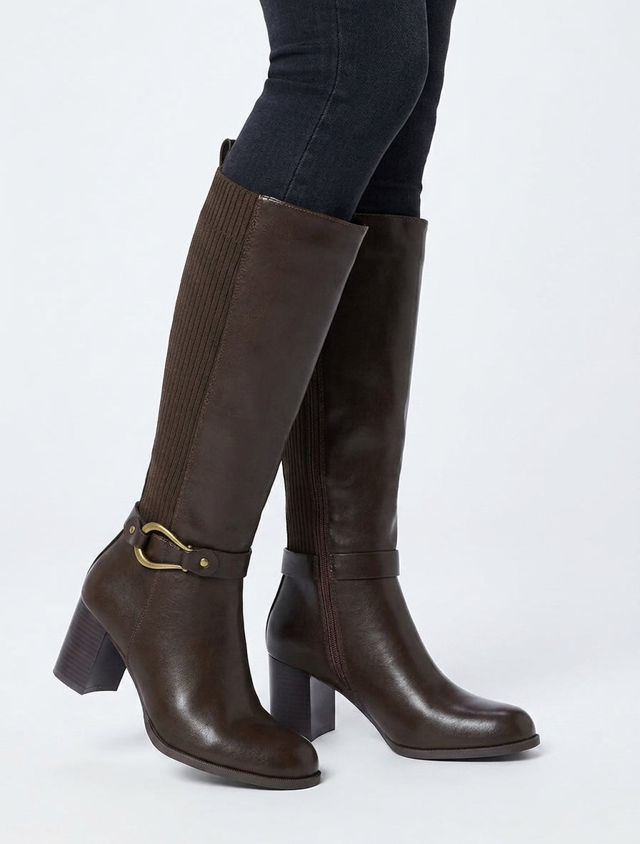 Einfarbige Stiefel aus zwei Materialien - Braun